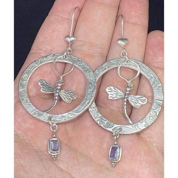 Large 925 Dragonfly Hoop Earrings Dangle Drop Amethyst Etched Fine Insect Unique - Picture 3 of 7